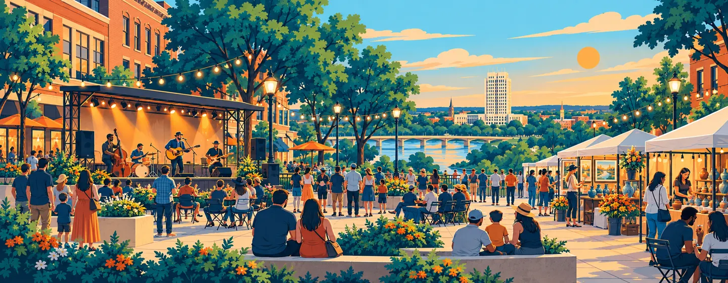 Painted Bismarck community gathering with a live band, market stalls and neighbors enjoying an evening by the river.