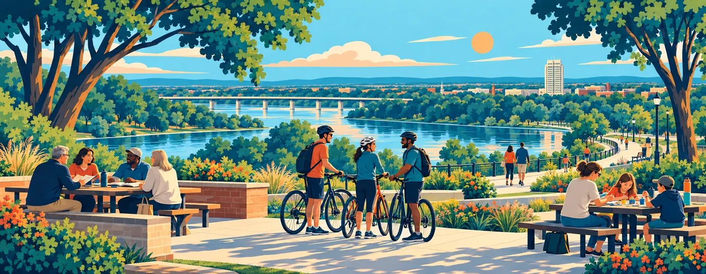 Painted Bismarck riverside park with a book group, friends on bicycles and families sharing crafts and games.
