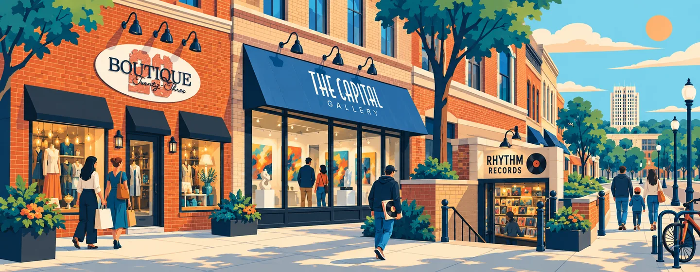 An illustration of a sunny downtown Bismarck shopping street, with a boutique, an art gallery and a record store, and neighbors out walking.