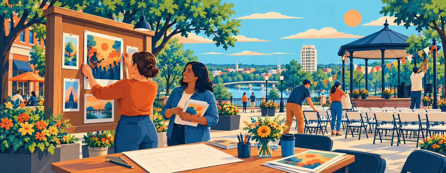 Painted neighbors planning a community event, putting up a poster and arranging chairs beside a Bismarck park gazebo.