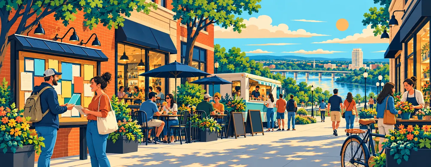 Painted Bismarck neighbors exchanging local news beside a noticeboard, cafe and food truck, with the Missouri River and State Capitol beyond.